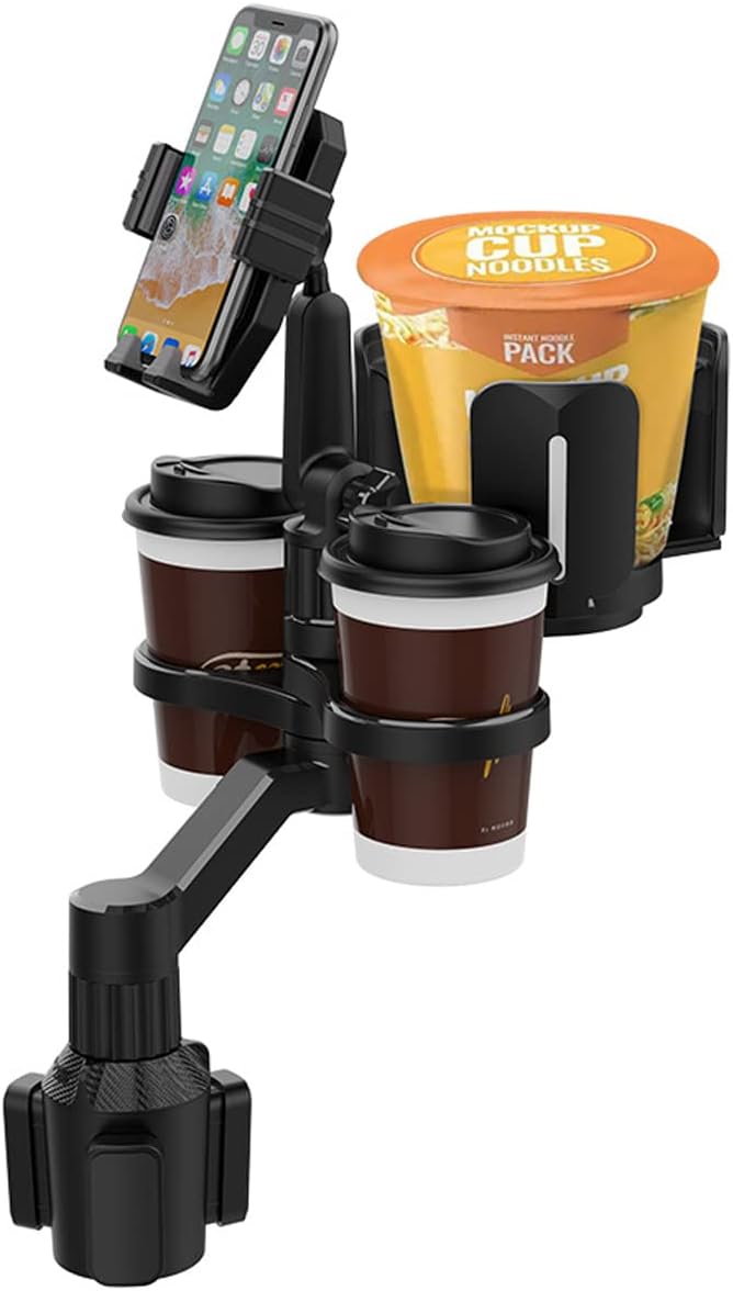 4-in-1 Car Expander with Dual Cup Holder, Phone Holder, 360 Adjustable Base, All Purpose Organizer for Snack Bottles, Drinks