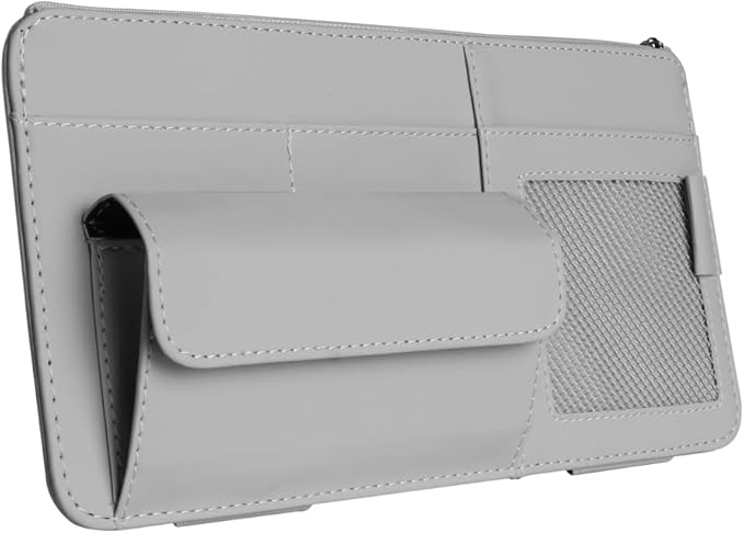 Car Visor Organizer, Multi-Pocket Sunvisor Storage with Sunglass Holder, Document Holder and Visor Card Clip, Fit for AUTO SUV & Truck, Leather Car Accessories Interior (Grey)