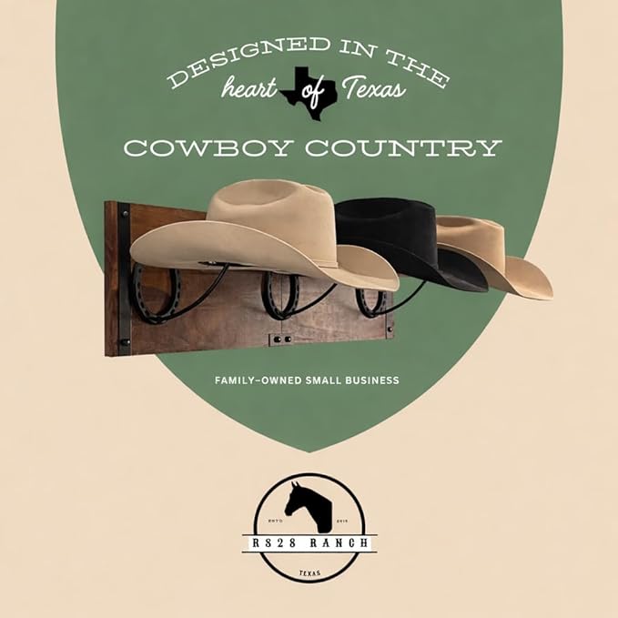Cowboy Hat Rack For Wall Mount (34.6” x 10.1” x 13.5”) | Wood Cowboy Hat Holder | Hanging Western Hat Rack w/Metal Accents | 