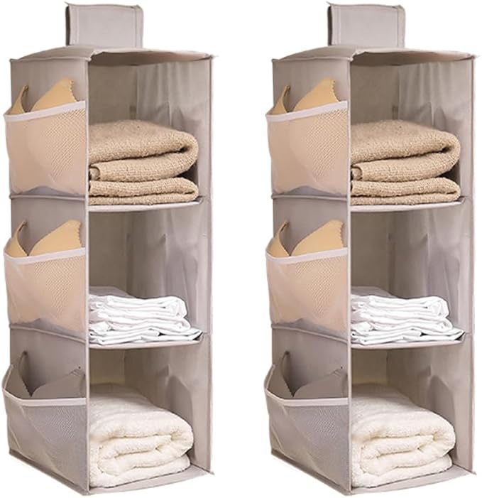 Hanging Closet Organizer, 4-Section Storage Shelves, Oxford Cloth with Mesh Pockets, (Gray, 3 Section)
