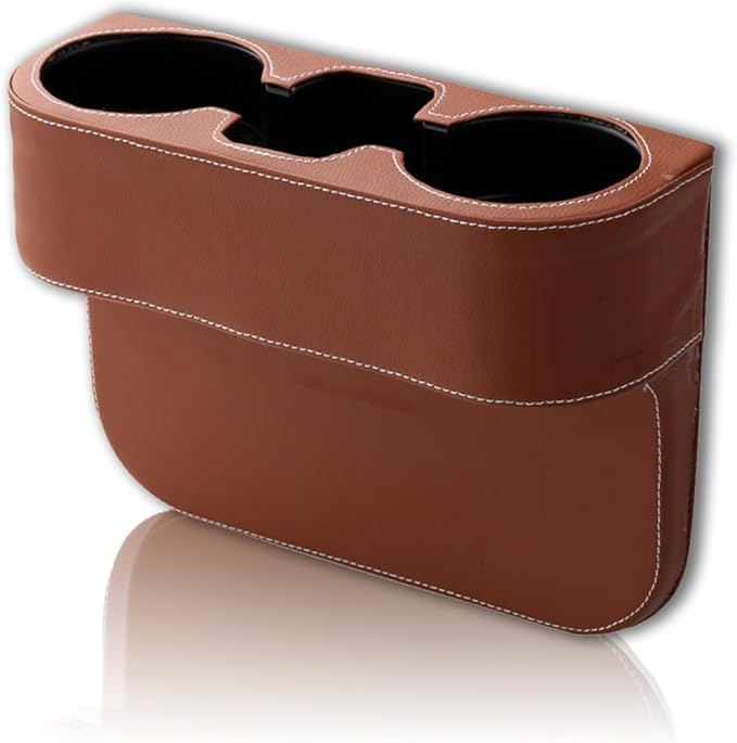 Car Cup Holder, Auto Front Seat Gap Interior Drink Organizer, Multifunctional Cup Drink Holders with PU Leather Cover, Gap Filler Storage Box Coin Bucket Console Side Pocket Key Wallet Holder (Brown)