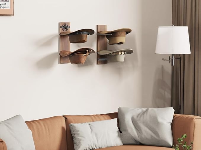 Hat Holder Rustic Wood Star Design – 2-Piece Organizer with Extra Wide Wooden Boards (12cm / 4.72"), 4-Hook Cowboy Hat Rack f
