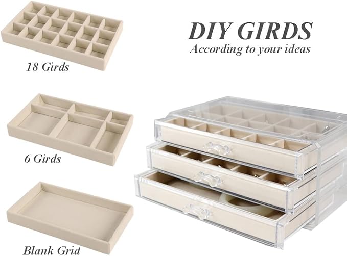 YUFONG Earring Organizer Box Acrylic Jewelry Organizer with 3 Drawers 54 Adjustable Grids Clear Stackable Earring Holder Velv