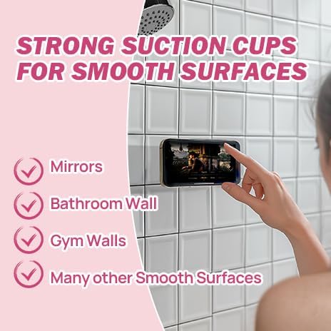 JOYTUTUS Shower Phone Holder, Reusable Suction Cup Phone Mount for Shower, Mirror, Kitchen, Window & Bathroom, Shower Phone Mount Compatible with iPhone 16, 15, 14, 13, 12 & All Phones,Pink,1 Pack