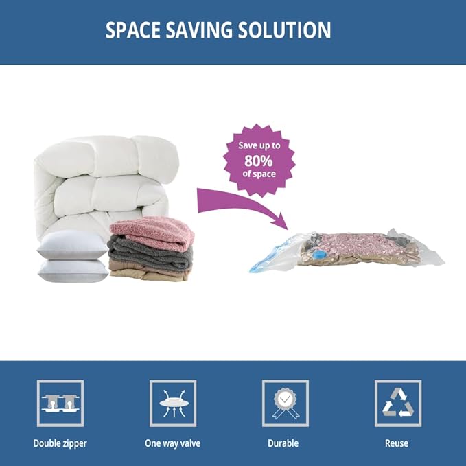 12 Pack Travel Space Saver Vacuum Storage Bags, Vacuum Seal Compression Bags for Clothes, Packing, Luggage, Blankets, Comfort