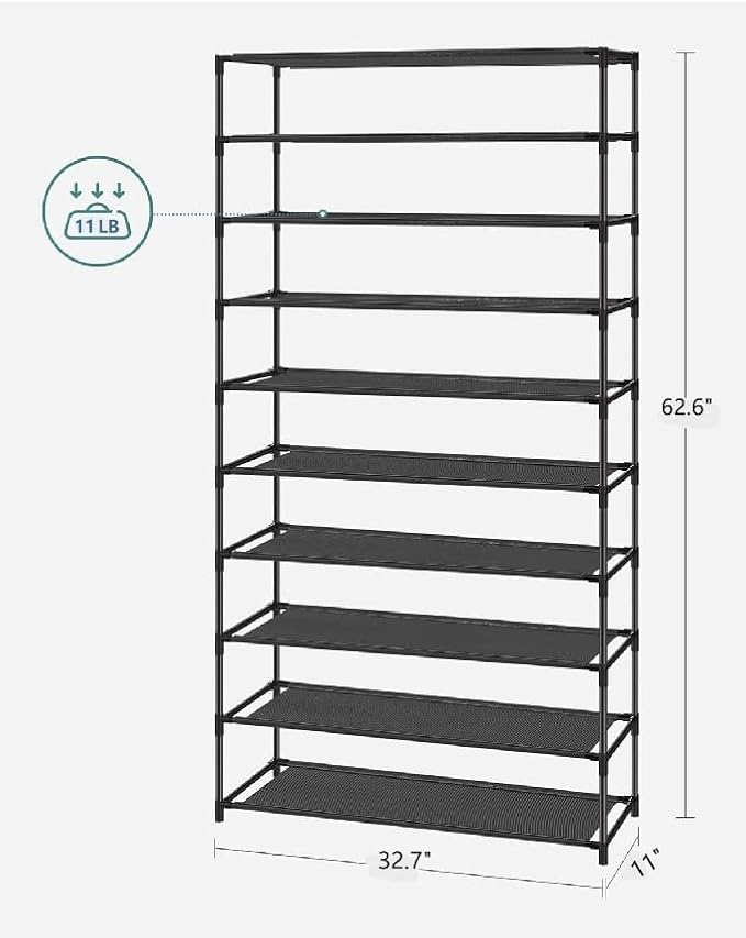 SONGMICS Shoe Rack, 10-Tier Shoe Storage Organizer, Space-Saving, 11 x 32.7 x 62.6 Inches, Entryway, Metal Frame, Non-Woven F