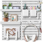 Pegboard Wall Organization Accessories Pack - 25 Pieces of White Hooks, Storage Bins & Fastening Strips (White)