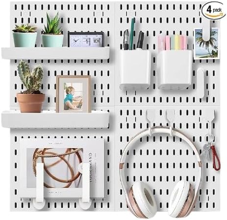Pegboard Wall Organization Accessories Pack - 25 Pieces of White Hooks, Storage Bins & Fastening Strips (White)