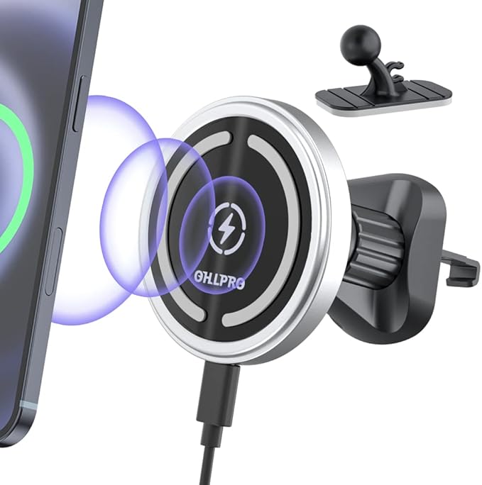 OHLPRO for MagSafe Car Mount Charger iPhone Wireless Car Charger, Stick on Dashboard Magnetic Phone Holder Mount for iPhone 17 Pro Max 16 15 14 Series, 15W Fast Charging, Aluminum Shell