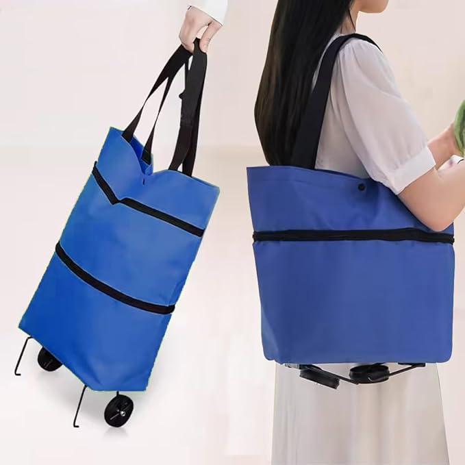 Collapsible Shopping Grocery Bag with Wheels Rolling Tote Bag with Wheels Large Reusable Shopping Bags Foldable Cart(Blue,Large)