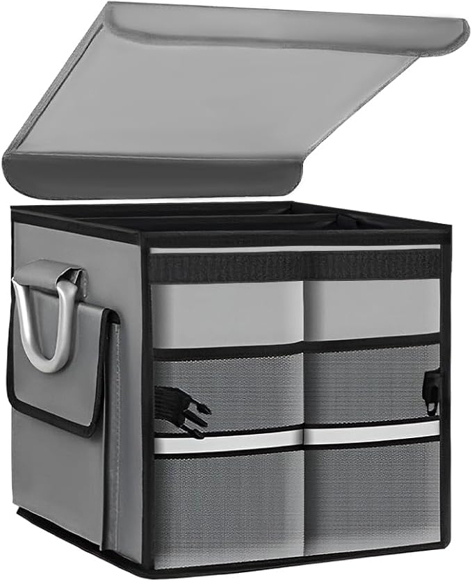 Trunk Organizer With Lid, Collapsible Waterproof Oxford Car Organizer with Aluminum Handle Base Plate, 2-Compartment 28L