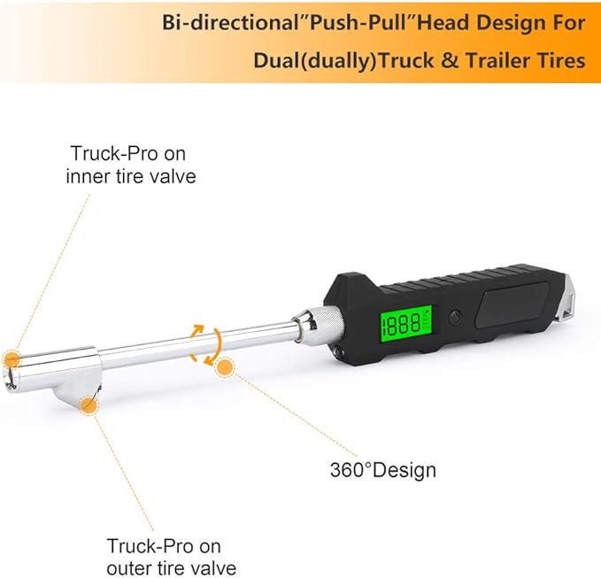 Digital Tire Pressure Gauge 230 PSI Auto Shut Off LCD Backlight Digital Display RV Heavy Duty Dual Head Rotatable Pressure Measuring Valve with LED Flashlight for RV Car Truck Motorcycle