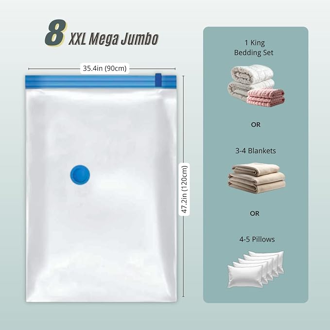 8 Mega Jumbo XXL Vacuum Storage Bags with Pump, Supersized Compression Space Saver for Comforter, duvet, Bedding, Blanket sto