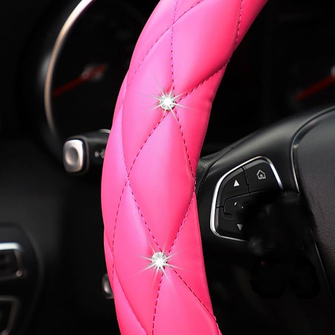 YOGURTCK Cute Diamond Soft Leather Anti-Slip Steering Wheel Cover with Bling Bling Crystal Rhinestones, Universal 15 Inch for