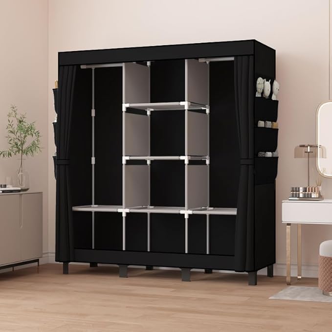 Portable Wardrobe, Clothes Organizer, Easy Hanger Wardrobe, Multiple Dividers and 3 Drawers, 6 Side Pockets Large Capacity (B