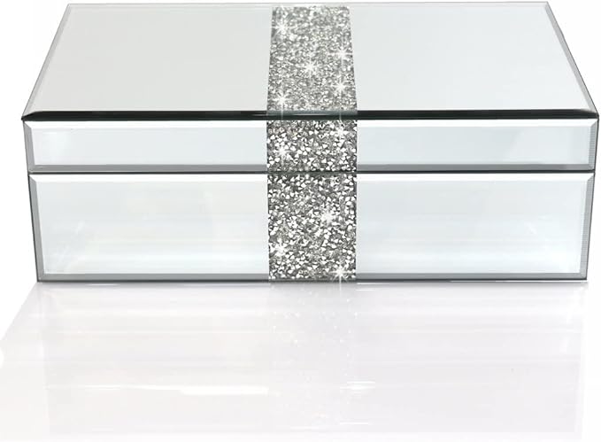 QMDECOR Luxury Middle Silver Bling Crushed Diamond Glass Mirrored Jewelry Box Women Jewelry Organizer Storage Box For Gift