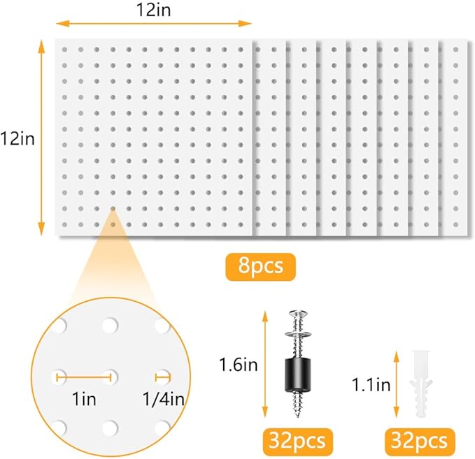 8Pcs Pegboard, Peg Board, Metal Pegboard Wall Organizer Panels Accessories, Mount Display Pegboard Kits for Walls Garage Craf