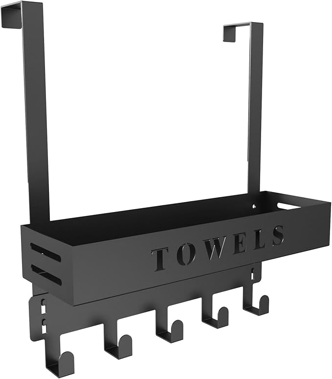 Over The Door Rack, Towel Hooks for Bathroom,Towel Hanger with Tray and 5 Hooks for Bedroom Kitchen(Black)