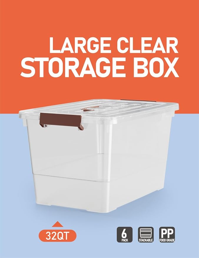 WYT 32 Qt Plastic Clear Storage Bin with Durable Lids and Latching Buckle, 6-Pack Tote Organizing Box Stackable and Nestable