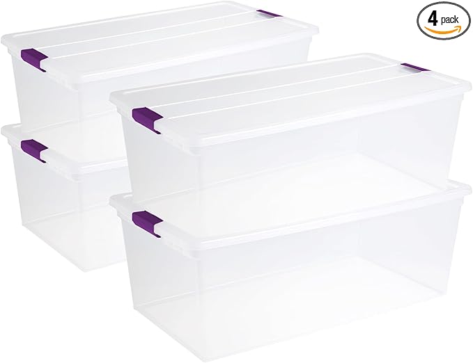 Sterilite 4-Pack 110 Quart ClearView Latch Box, Stackable Organizer Bins with Latching Lids - Clear Plastic Organization Cont