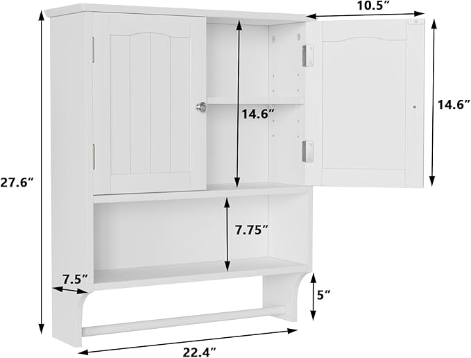 Smuxee White Bathroom Cabinet Wall Mounted with Towels Bar, Bathroom Medicine Cabinet with 2 Door Adjustable Shelves, Over To