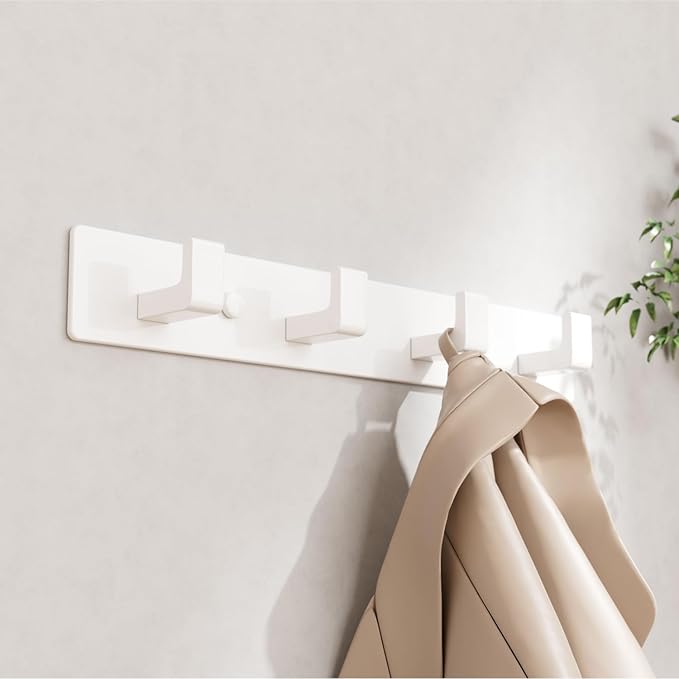 GWAAZXGZ White Coat Rack Wall Mount - 12.5 inch Modern Metal Hook Rail with 4 Right-Angle Hooks, Drill-Mounted Organizer for 