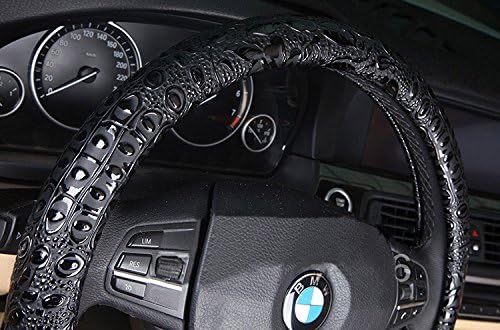 Comfort Leather Auto Car Steering Wheel Cover,Grip Anti Slip 15 Inch,Black Crocodile with Rose Grain