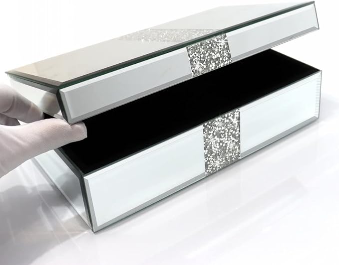 QMDECOR Luxury Middle Silver Bling Crushed Diamond Glass Mirrored Jewelry Box Women Jewelry Organizer Storage Box For Gift