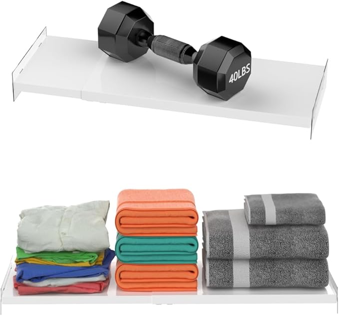 Slideep Expandable Closet Tension Shelf, Metal Adjustable Wardrobe Shelves Organizer System with Strong Seamless Sticker for 