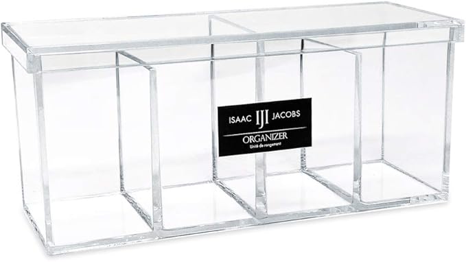 Isaac Jacobs 4-Compartment Clear Acrylic Organizer with Lid (9” L x 3” W x 4” H), Makeup Brush Holder, Sectional Tray, Storag