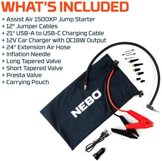 NEBO Assist Air 1500XP Jump Starter and Air Compressor | 44.4Wh Power Supply Box Restarts 12V Battery Vehicles, 150 PSI Air