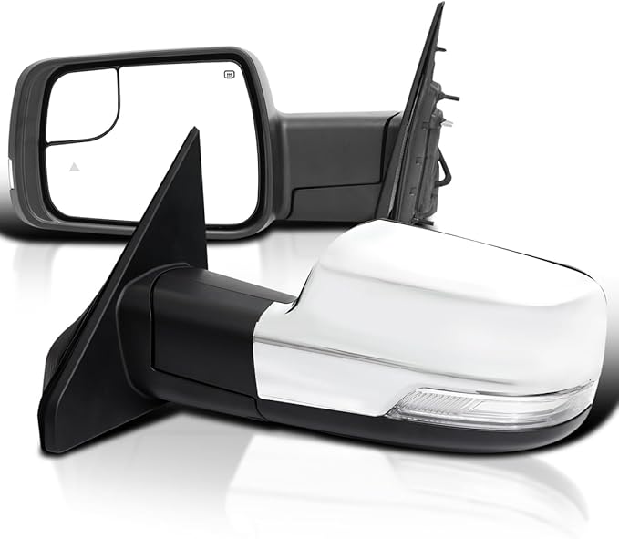 Spec-D Tuning Chrome Power Fold + Heated + Puddle Light Side Mirrors Compatible with 2019-2024 Dodge Ram 1500, Left + Right Pair