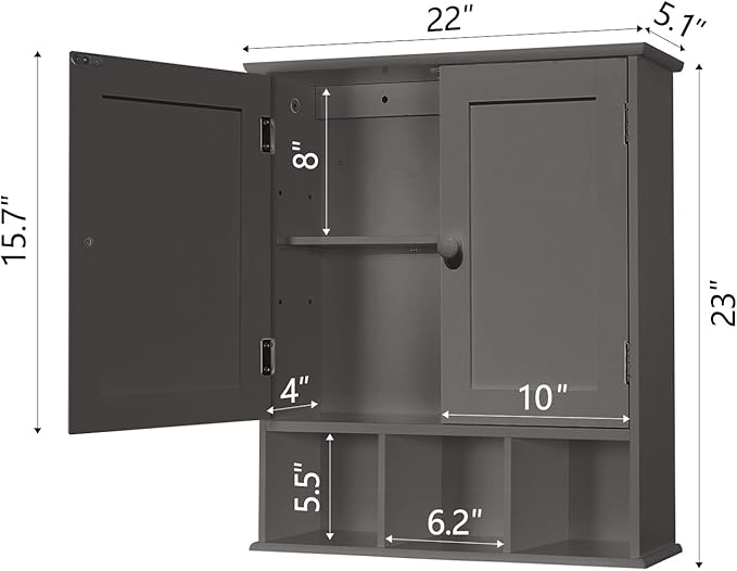 TaoHFE Grey Bathroom Cabinet,Bathroom Wall Cabinet with 2 Door Adjustable Shelves,Over The Toilet Storage Cabinet,Bathroom Ca