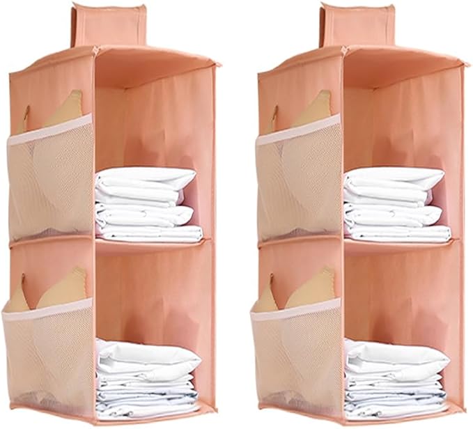Hanging Closet Organizer, 4-Section Storage Shelves, Oxford Cloth with Mesh Pockets, (Pink, 2 Section)