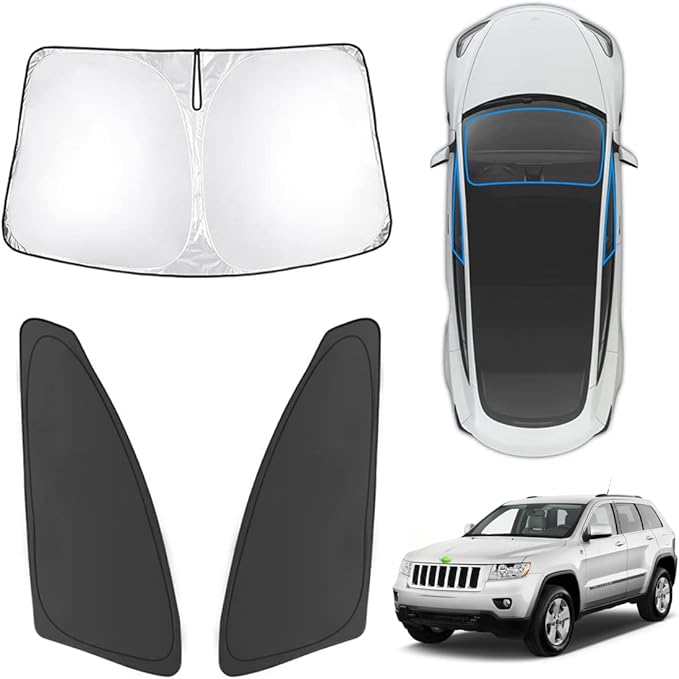 Karltys 3PCS Windshield Sun Shade for 2011-2021 Jeep Grand Cherokee, Front and Side Window Sunshade Custom Fit Grand Cherokee, Foldable Sun Visor Cover Protector Blocks UV Rays Keep Car Cool