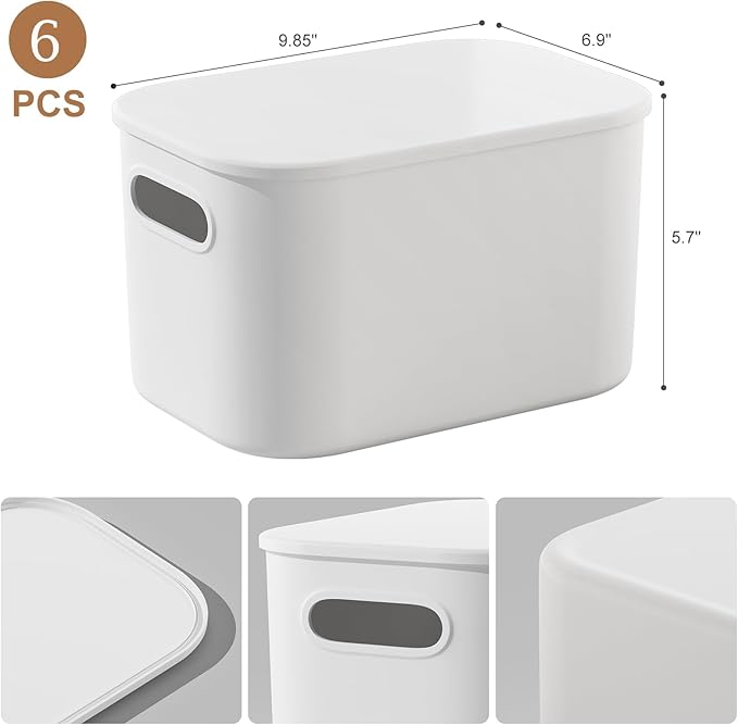6 Pack White Storage Bins with Lids Stackable Storage Container for Organizing, Small Storage Boxes with Handle for Shelves, 