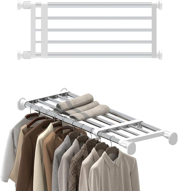 Hershii Expandable Shelf Rod Closet System 5-Bar Telescopic Heavy Duty Clothes Hanger Adjustable DIY Storage Organizer Shoe R