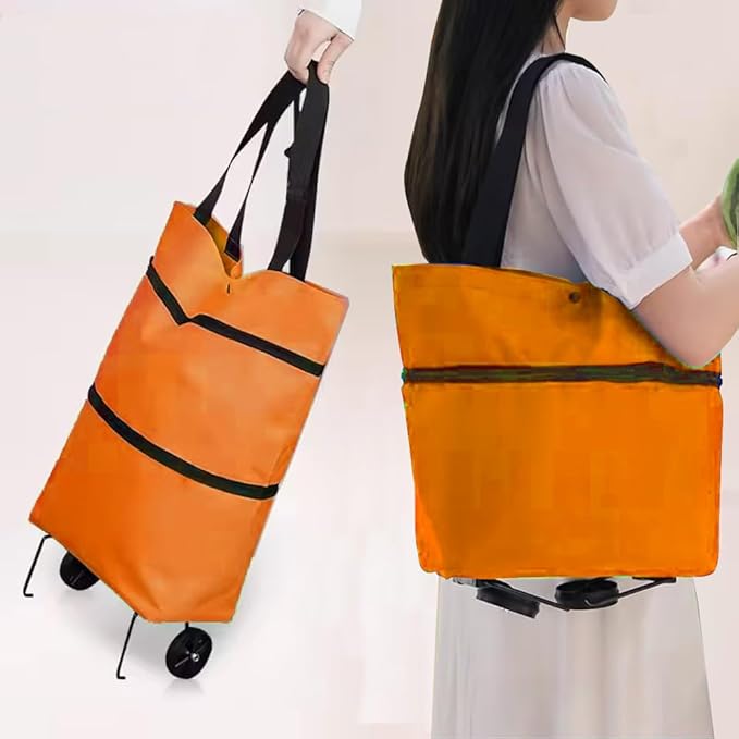Collapsible Shopping Grocery Bag With Wheels Rolling Tote Bag With Wheels Large Reusable Foldable Shopping Cart(Orange,Large)