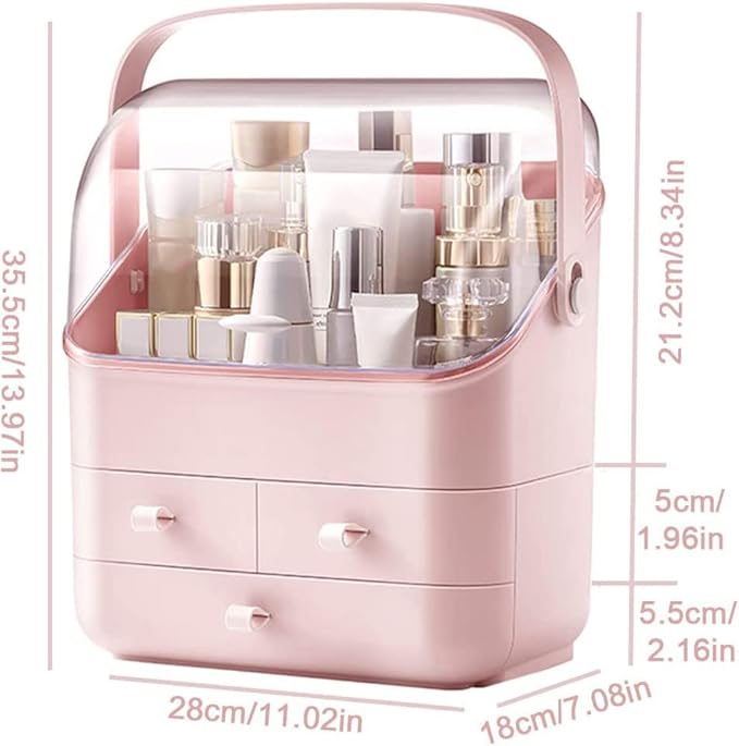 LINFIDITE Cosmetic Storage Box with Lid Waterproof&Dustproof Makeup Organizer Box Portable Handle,Large Makeup Display Case w