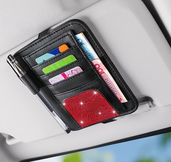 Bling Car Sun Visor Organizer, Rhinestone Multi-Pocket Truck Visor Organizer Pouch with Visor Pen Holder,Glasses Holder,Universal Sunvisor Organizers for Most Cars SUVs -Red