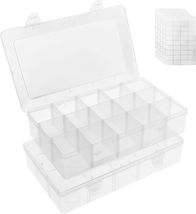Umirokin 2 Pack 15 Grids Clear Plastic Organizer Box with Adjustable Dividers, Craft Storage Containers for Jewelry, Beads, S