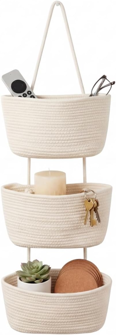 Hanging Wall Basket, Over the Door Hanging Basket with Hooks for Storage, Organizing, Decorative Boho Decor for Nursery, Bedr