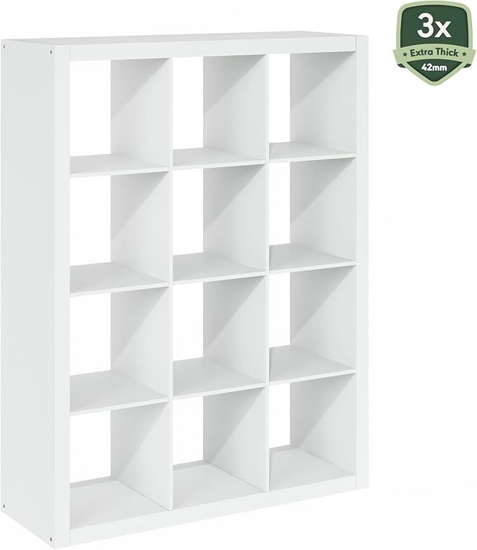 Furinno Cubicle Book Shelf, 12-Cube Bookshelf, Triple Thick Frame Cube Storage Organizer, 1.65" Thick Bookcase, 15.4" x 57.4"