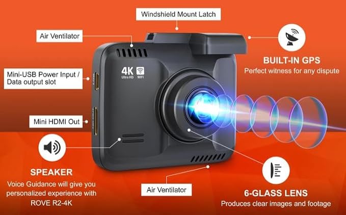 ROVE R2-4K Dash Cam Built-in WiFi 6 GPS Car Dashboard Camera Recorder with UHD 2160P, 2.4" IPS Screen, 150° Wide Angle, WDR, 