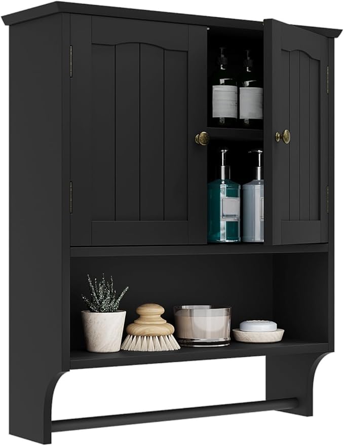 Smuxee Black Bathroom Cabinet Wall Mounted with Towels Bar, Medicine Cabinet with 2 Door Adjustable Shelves, Over Toilet Cabi