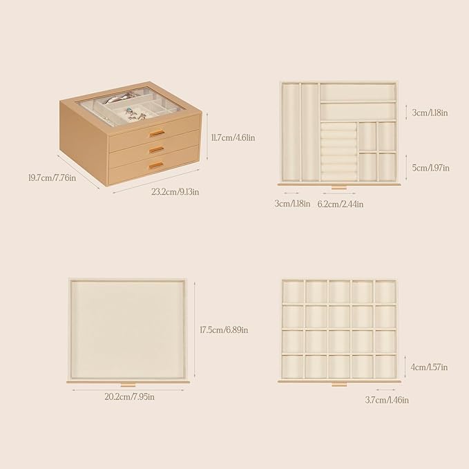 Jewelry Box with Glass Lid, 3-Layer Jewelry Organizer for Women Girls, PU Leather Display Case with 20-Grid Earring Tray & Mo