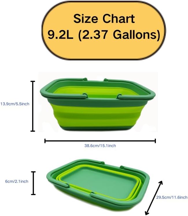 SAMMART 9.2L (2.37Gallon) Collapsible Tub with Handle - Portable Outdoor Picnic Basket/Crater - Foldable Shopping Bag - Space Saving Storage Container (1, Dark Green/Fluorescent Green)