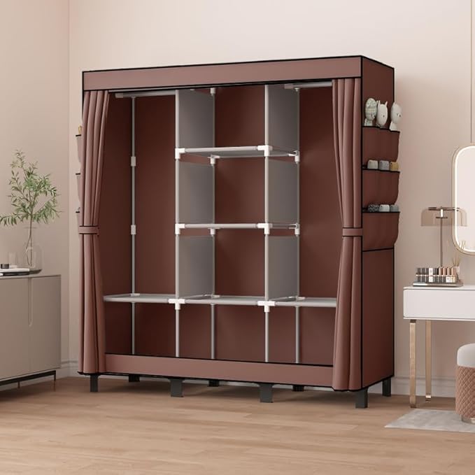 Portable Wardrobe, Easy Hanging Closet 6 Side Pockets Large Capacity Clothes Organizer Comes with 2 Hanging Poles and Storage