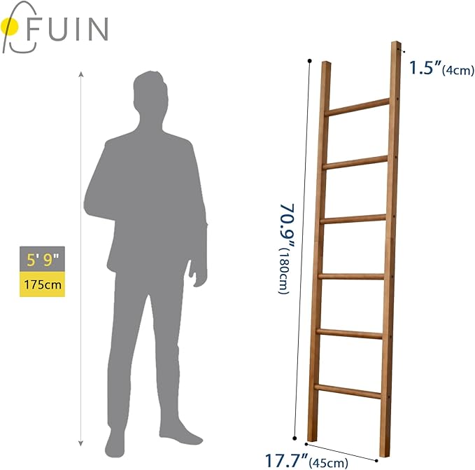 FUIN 6ft Wooden Natural Blanket Ladder Living Room Decorative Wall Leaning Farmhouse Quilt Display Holder Rustic Wood Towel R