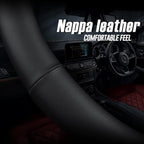 LKWLIKEI Nappa Leather D Shape car Steering Wheel Cover, Non-Slip, Breathable，Universal 15 inch.（D Shape Black）